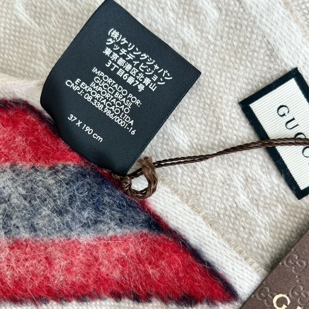 New With Tags Gucci Nikky Wool Alpaca Monogram Web Beige Scarf Shawl Fringe